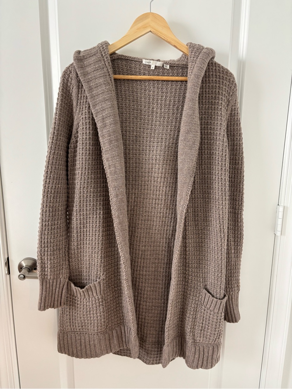Vince | Waffle-Knit Open-Front Hooded Taupe Cardigan Size M Wool/Cashmere Blend